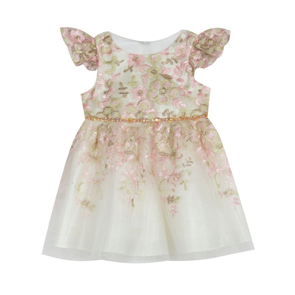 Rare Editions Baby Girls Floral Embroidered Dress with Flutter‎ Sleeves Size 18M